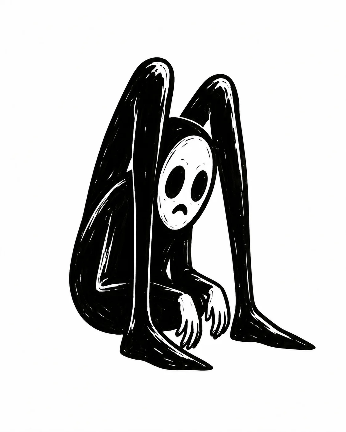 A long-legged little masked creature sitting with its knees awkwardly above its head. Black ink tattoo design on white.