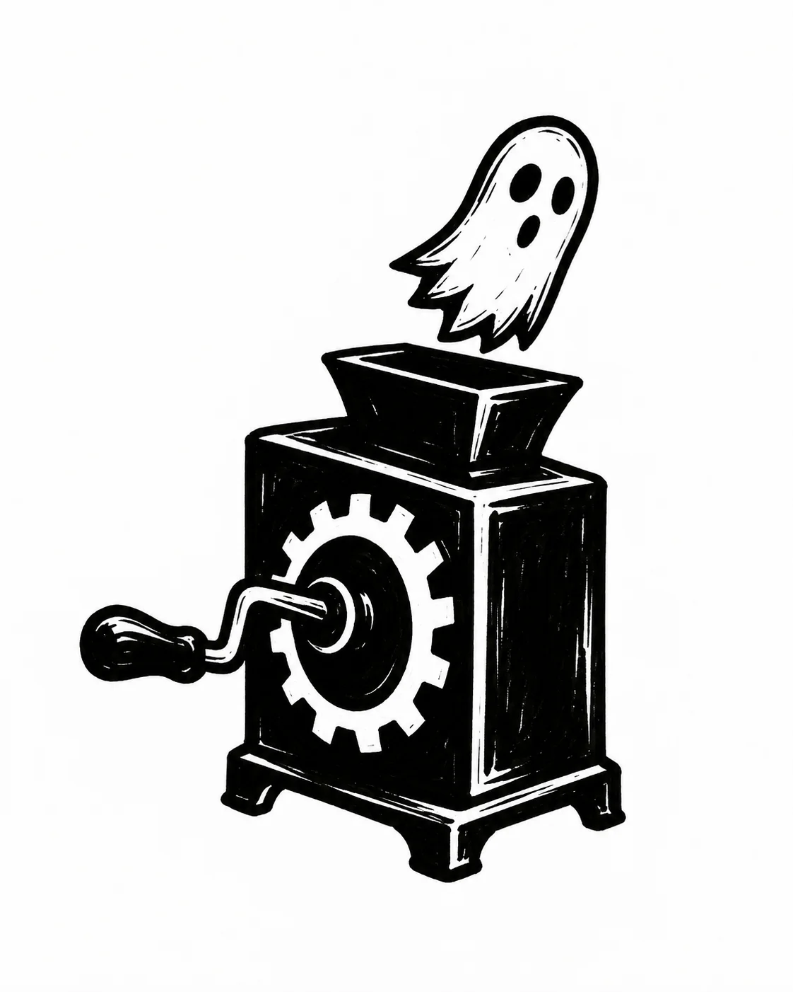 A simple hand-cranked box machine dispensing one tiny ghost, one large gear only. Black ink tattoo design on white.