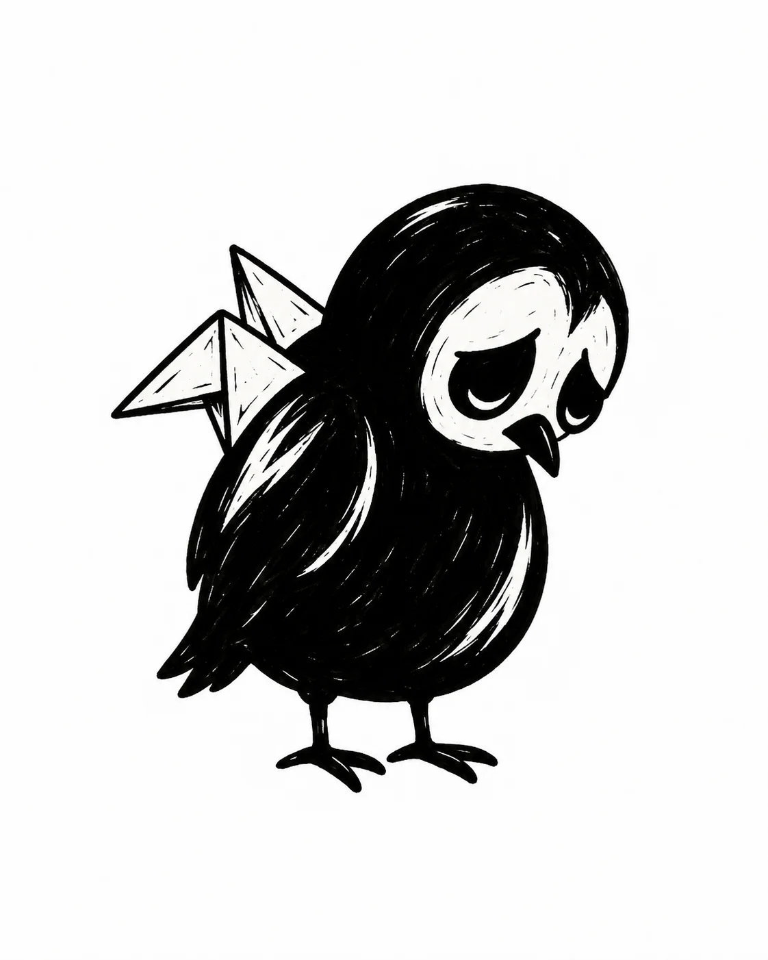 A round sorrowful bird wearing two small folded paper wings. Black ink tattoo design on white.
