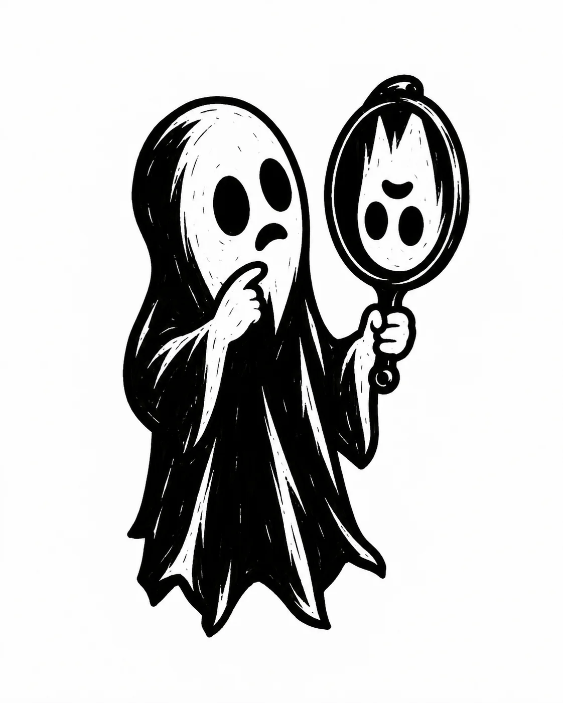 A ghost peering at its own upside-down face in a hand mirror. Black ink tattoo design on white.