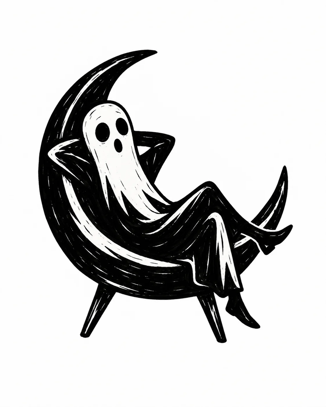 A lanky little ghost reclining in a simple crescent-shaped chair. Black ink tattoo design on white.
