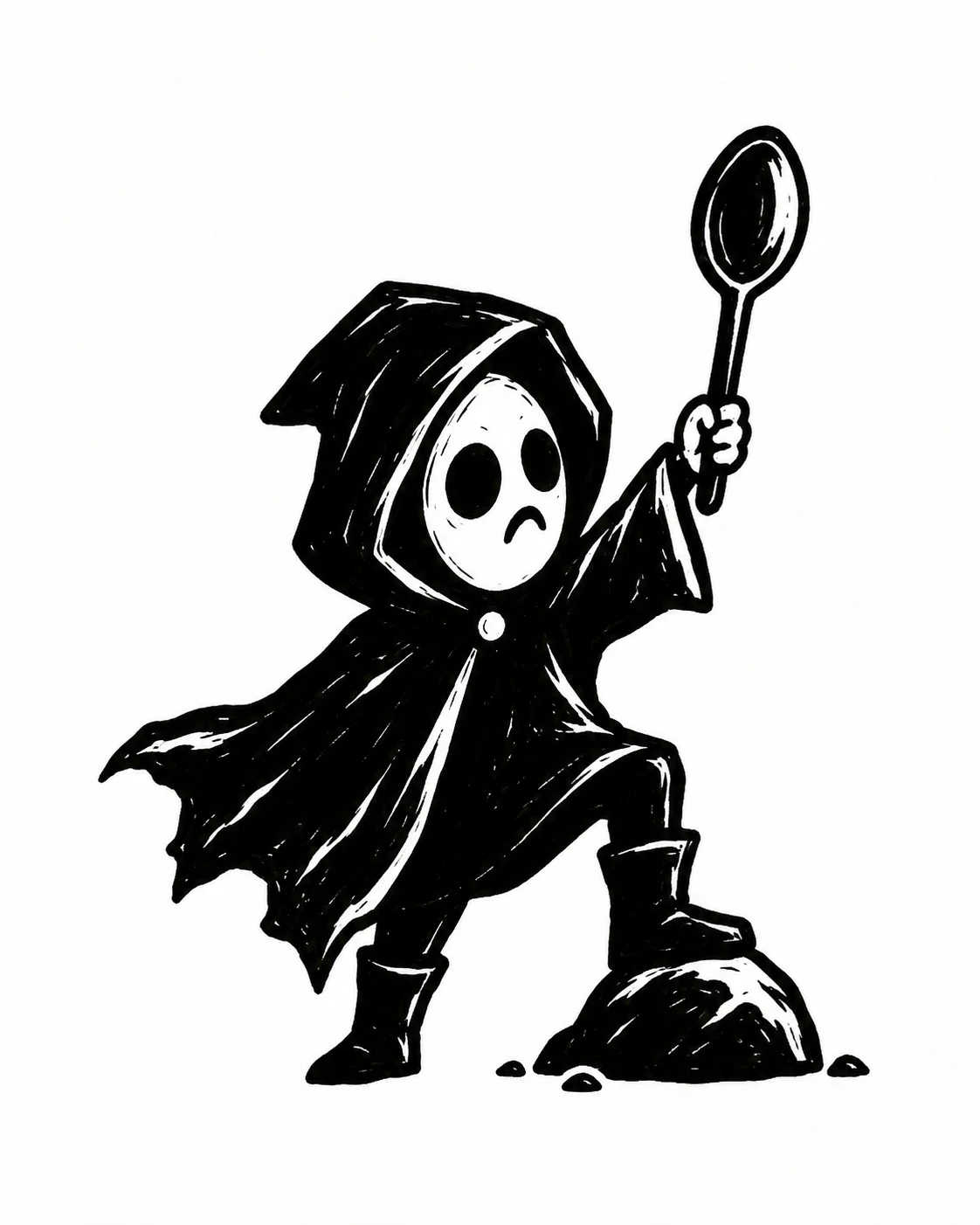 A tiny black-cloaked hero holding a spoon like a sword, one boot on a pebble. Black ink tattoo design on white.