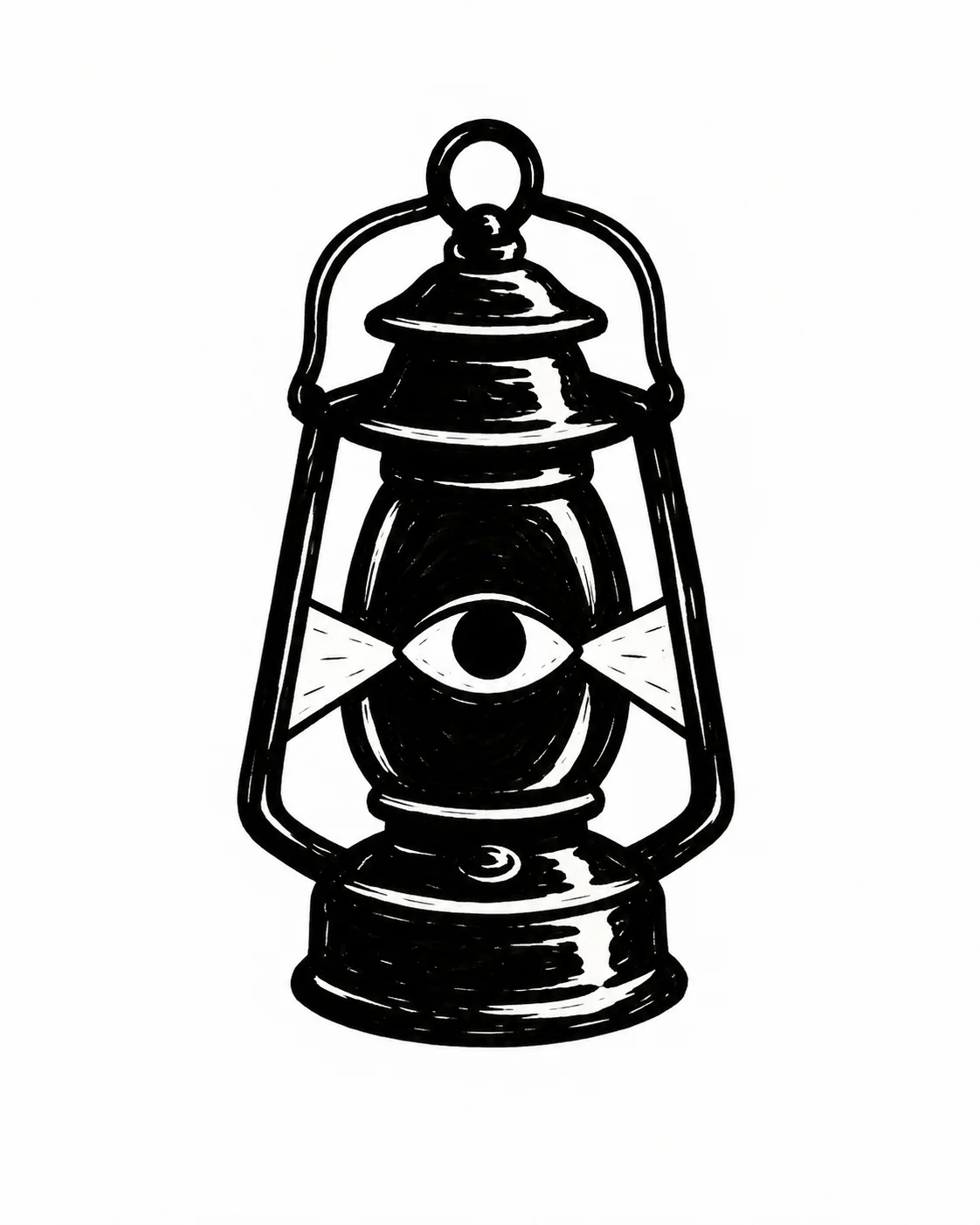 A handheld lantern containing a watchful white eye and two broad light wedges. Black ink tattoo design on white.