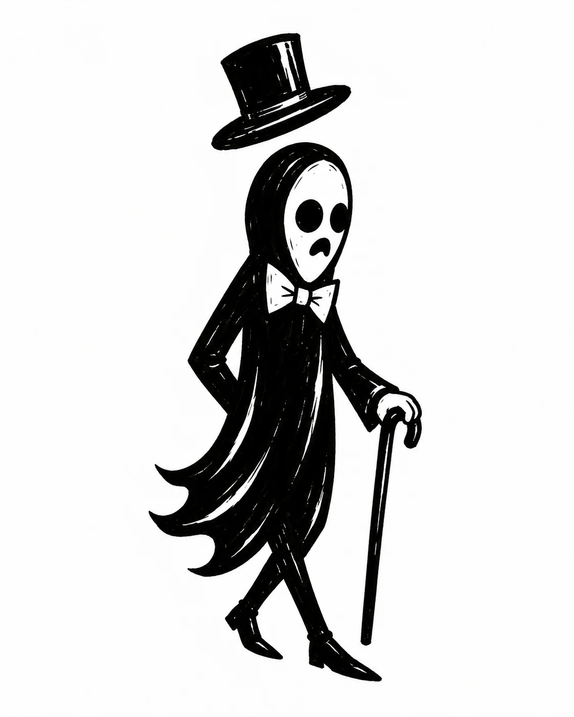 A slender masked ghost in a bow tie carrying a cane beneath a floating top hat. Black ink tattoo design on white.