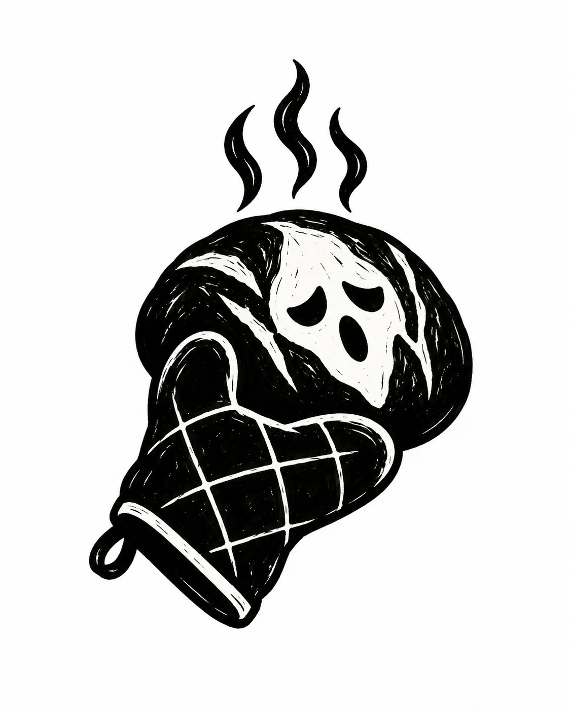 An oven mitt holding a loaf of bread with a sleepy ghost face scored into its crust. Black ink tattoo design on white.