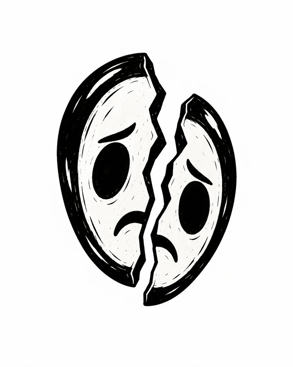 A porcelain-style oval melancholy mask split into two clearly separated halves, one broad crack. Black ink tattoo design on white.