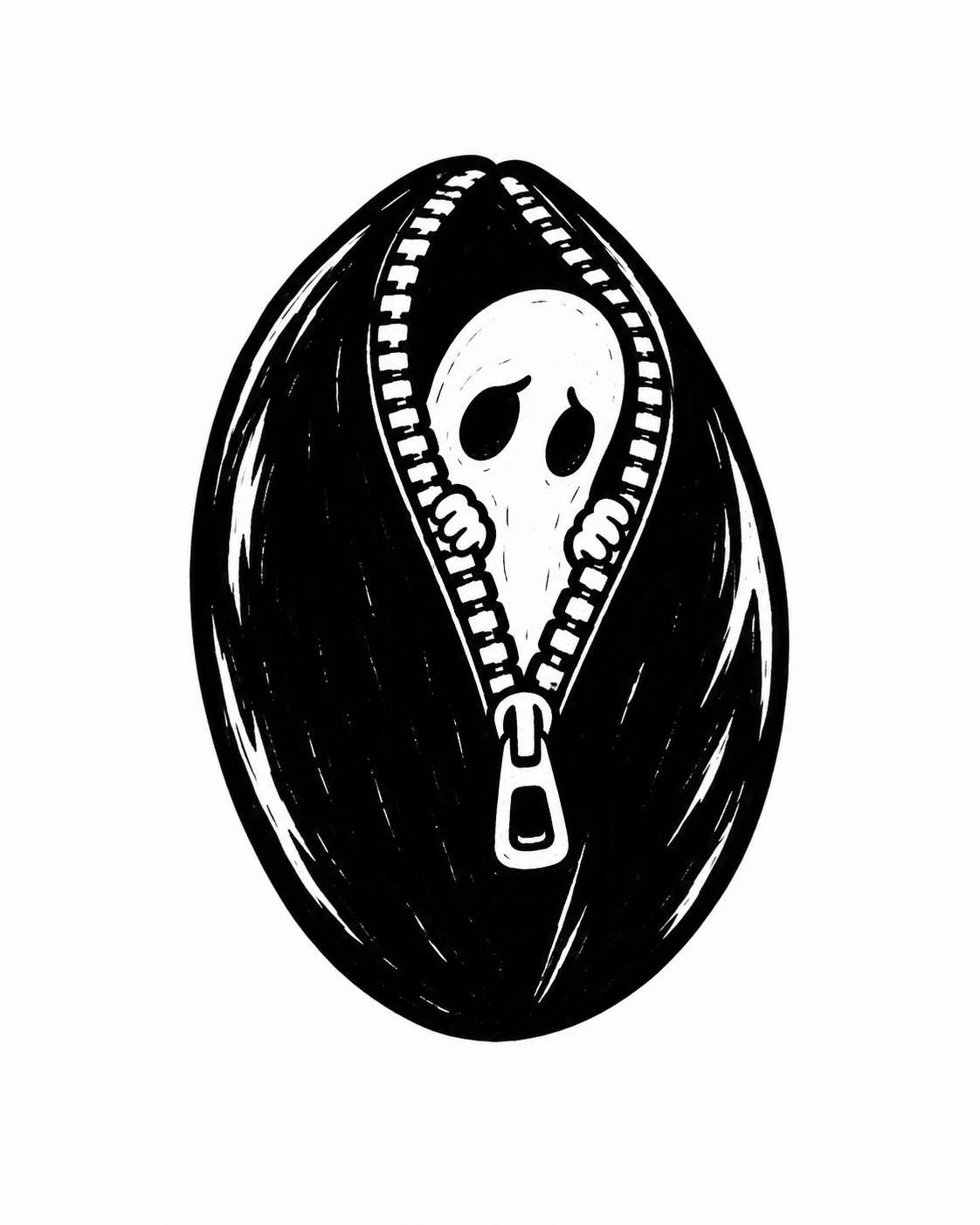 A zipper opening in a black oval pouch to reveal a shy white ghost. Black ink tattoo design on white.