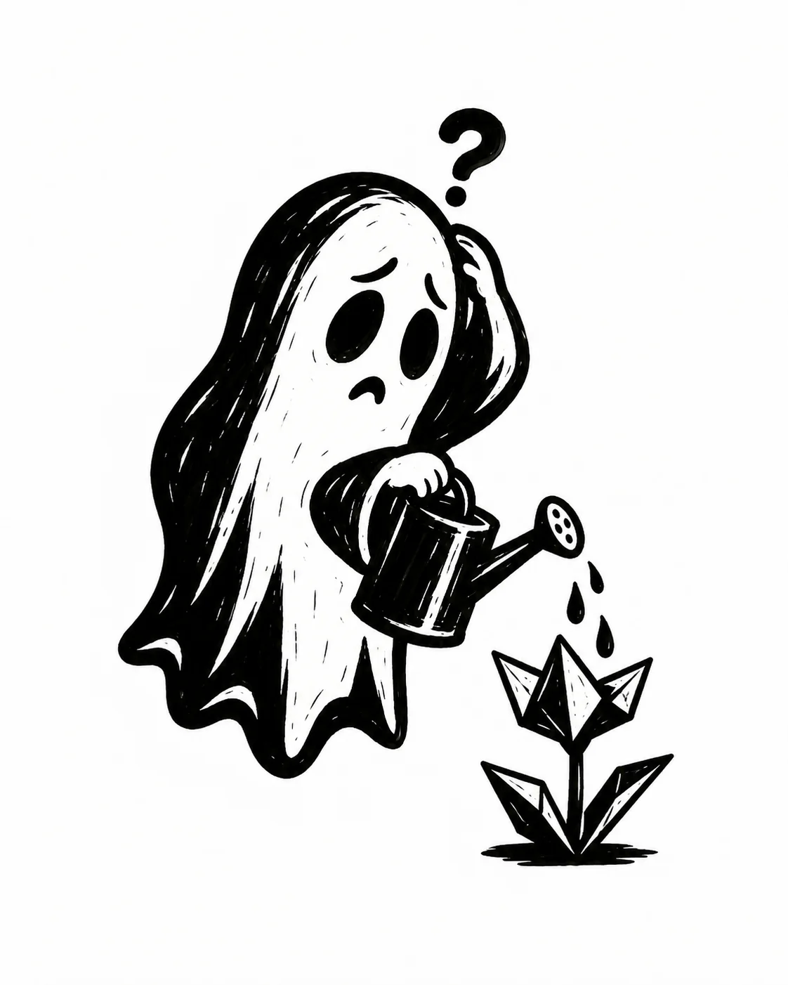A puzzled little ghost trying to water a paper flower, playful self-contained visual joke. Black ink tattoo design on white.