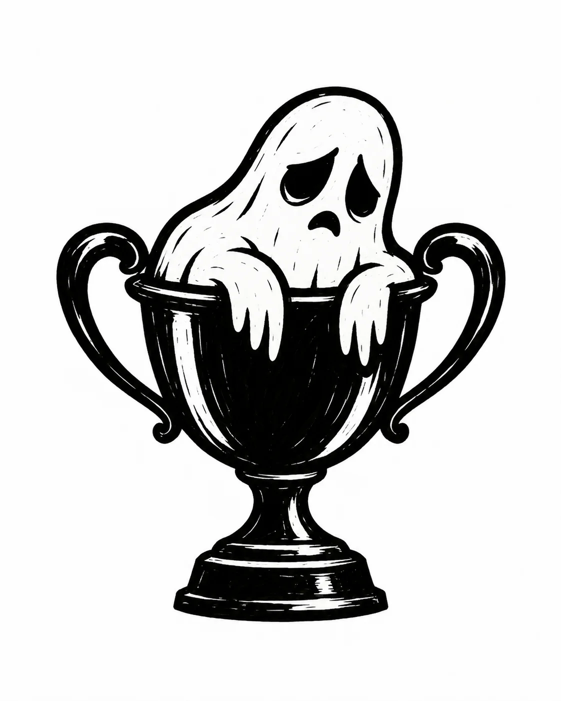 A small two-handled trophy cup holding a tired ghost instead of a prize. Black ink tattoo design on white.