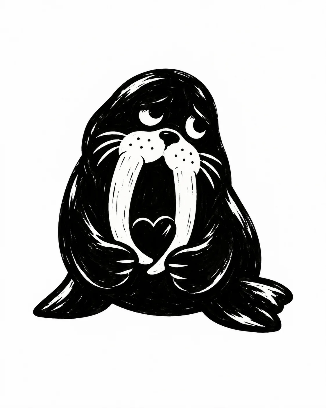 A little walrus with two bold long white tusks curled around a tiny black heart. Black ink tattoo design on white.