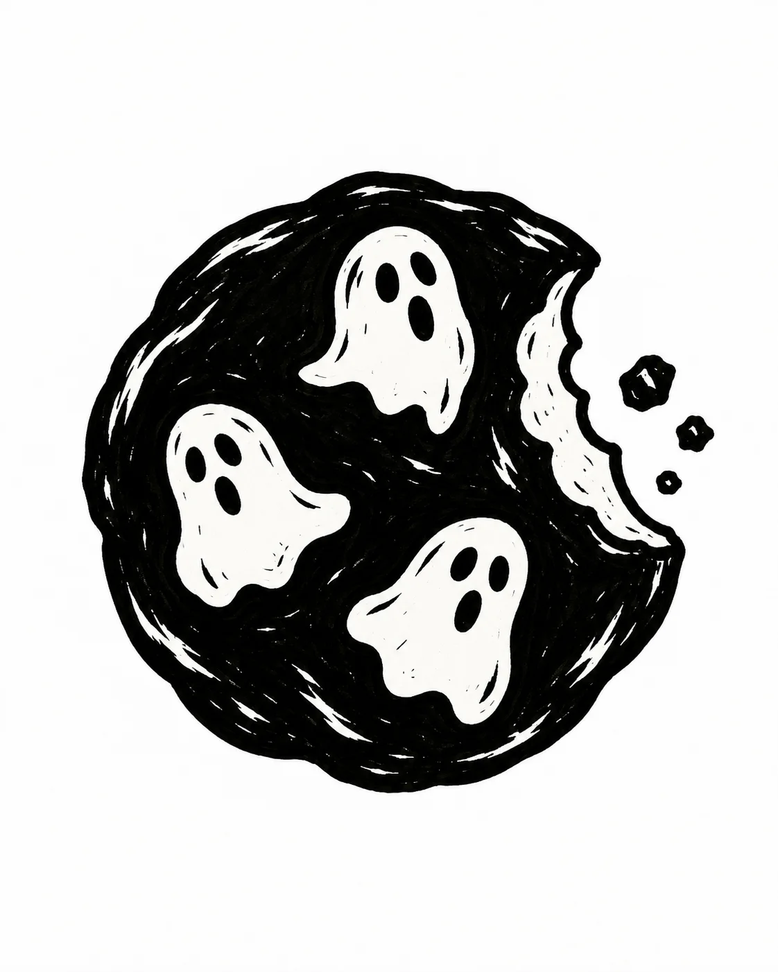 A black cookie with a bite missing and three large ghost-shaped white chips. Black ink tattoo design on white.