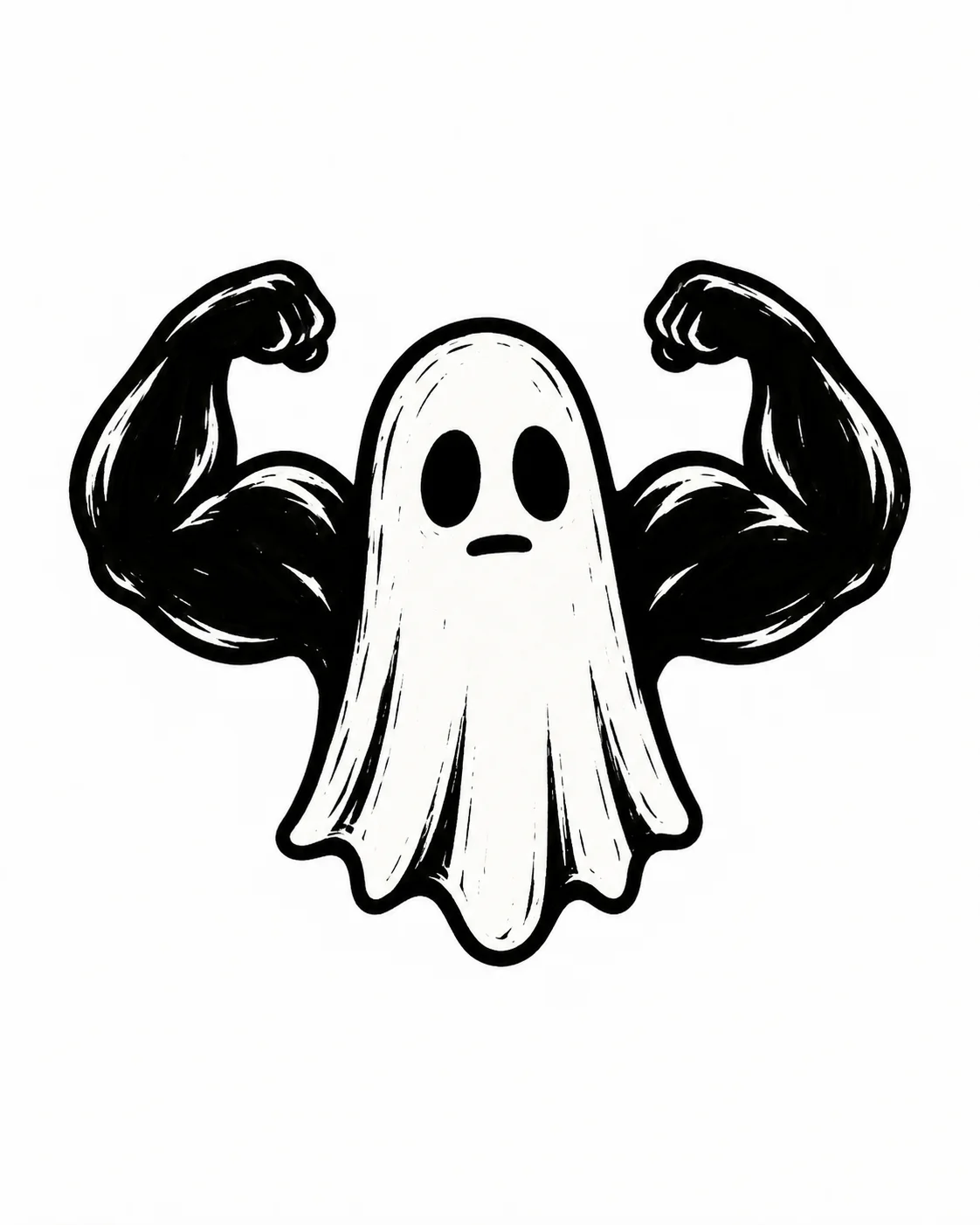 A tiny ghost flexing two comically large rounded arms with a deadpan face. Black ink tattoo design on white.